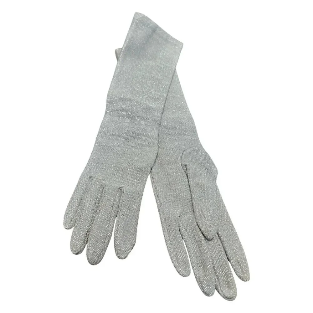Silver Glitter Long Stretch Gloves Foral Prom Wedding